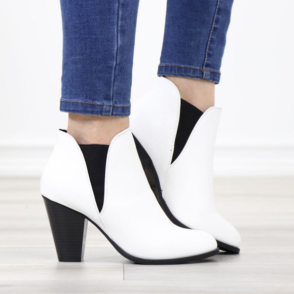 Chelsea Cone High Heel Ankle Boots White Synthetic Leather Pointed Toe - Picture 3 of 12